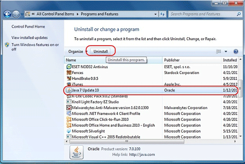 Windows 7 Programs, Java Update